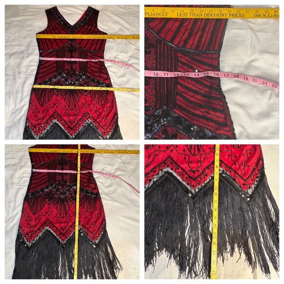 Vintage-Inspired Red & Black Beaded Flapper Dress Fringe Size XL 1920s Gatsby - Picture 11 of 16